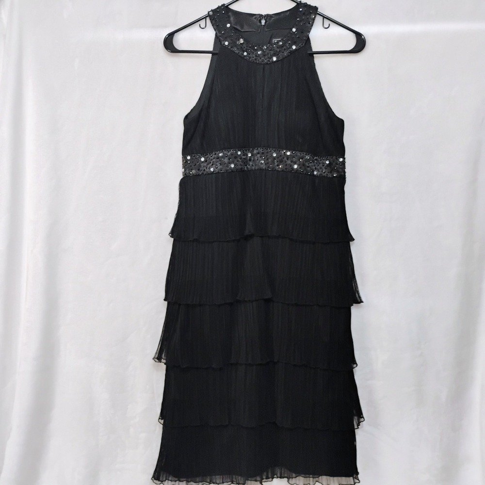 Jessica Howard Sz 6 Evening Black Beaded Tiered Ruffle Halter Cocktail Dress Z